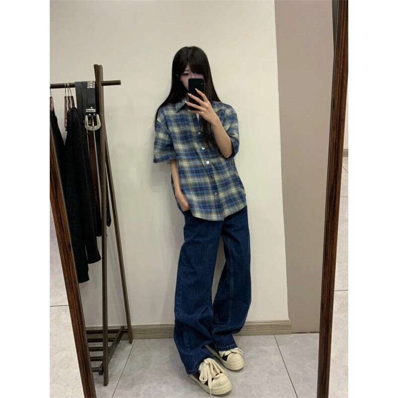 CS02LL-特P35cleanfit蓝色格子衬衫男设计感短袖衬衣,男装T恤,星座1007（原301D）