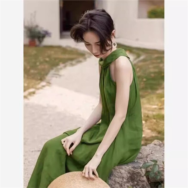 法式气质挂脖式露肩连衣裙子女夏季新款松弛感大裙摆海边度假长裙,女装连衣裙,星座1210-1