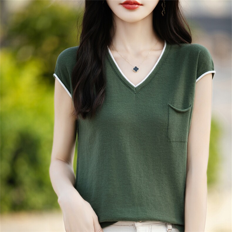 100%纯棉线针织短袖t恤女春季薄款V领上衣打底百搭宽松包肩袖女装，女装T恤，彩羽羊绒