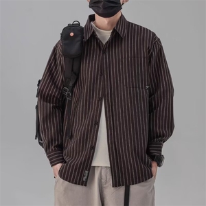 380-P37 2025日系复古条纹衬衫男女生学院男友风长袖宽松衬衣上衣图片