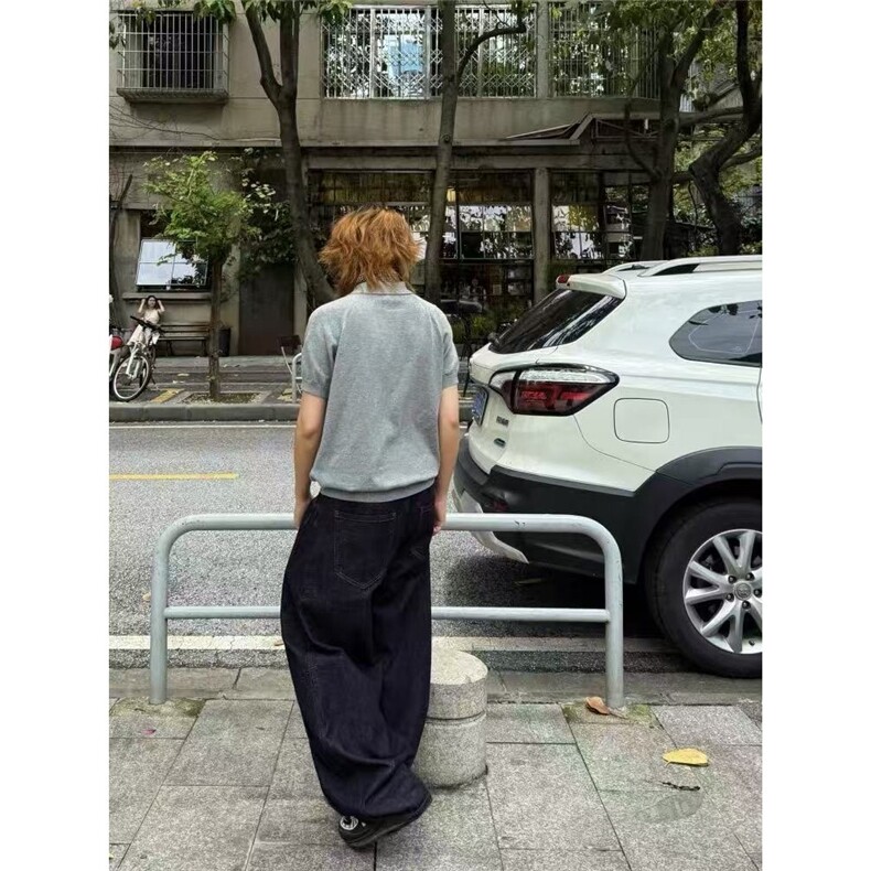 复古蓝色牛仔裤设计多排扣弯刀阔腿裤潮牌垂感拖地裤NZA395,男装牛仔裤,星座516A