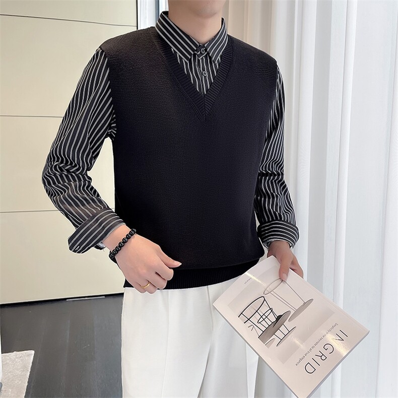轻熟风~秋冬季假两件衬衫领毛衣男针织打底衫潮流修身衣服M01-P85,男装针织衫/毛衣,电商D323（原B261）