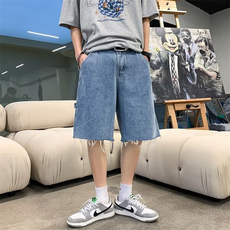 夏季薄款毛边牛仔短裤男潮牌ins港风宽松百搭5分潮流休闲五分裤子,男装牛仔裤,星座410-6（原星座1304-1）