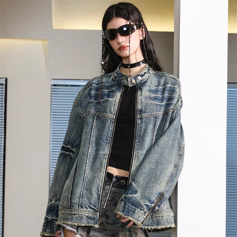XZ0579-P75韩版潮牌机甲做旧水洗毛边牛仔夹克男女春秋季休闲外套,男装工装外套,电商C233