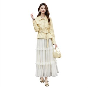 现货2026年春季新款女时尚潮流优雅风小外套皮衣蕾丝半身裙两件套，女装套装/套裙，奋斗女王