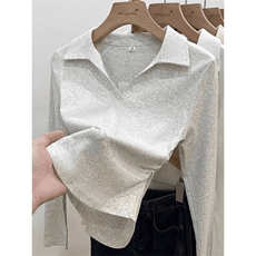 QC022-P45韩系上衣秋季抽褶收腰设计polo领长袖短款别致正肩t恤，女装卫衣/绒衫，星座617A-2