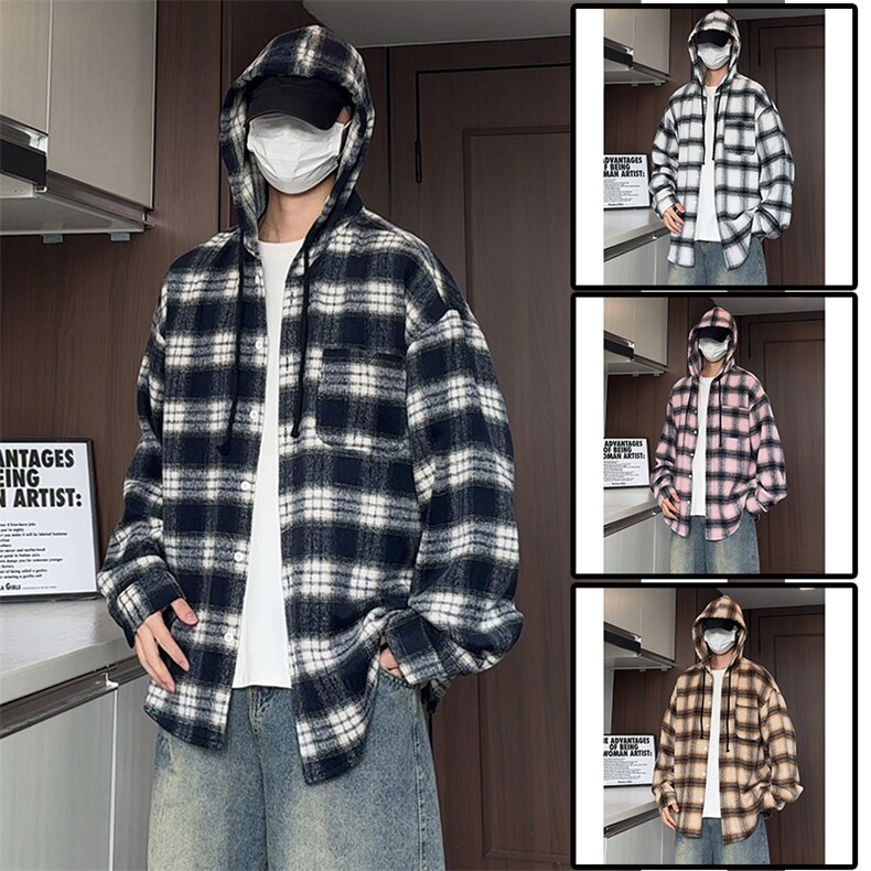 J5025/特P45秋装新款格子连帽衬衫外套男女2025年慵懒风休闲上衣，男装衬衫，电商A141