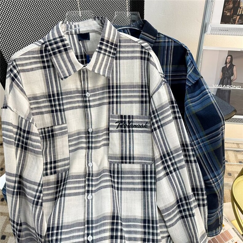 得物品质秋款男条纹格子长袖衬衫字母刺绣宽松衬衣外套CS164P40,男装衬衫,星座1013-1