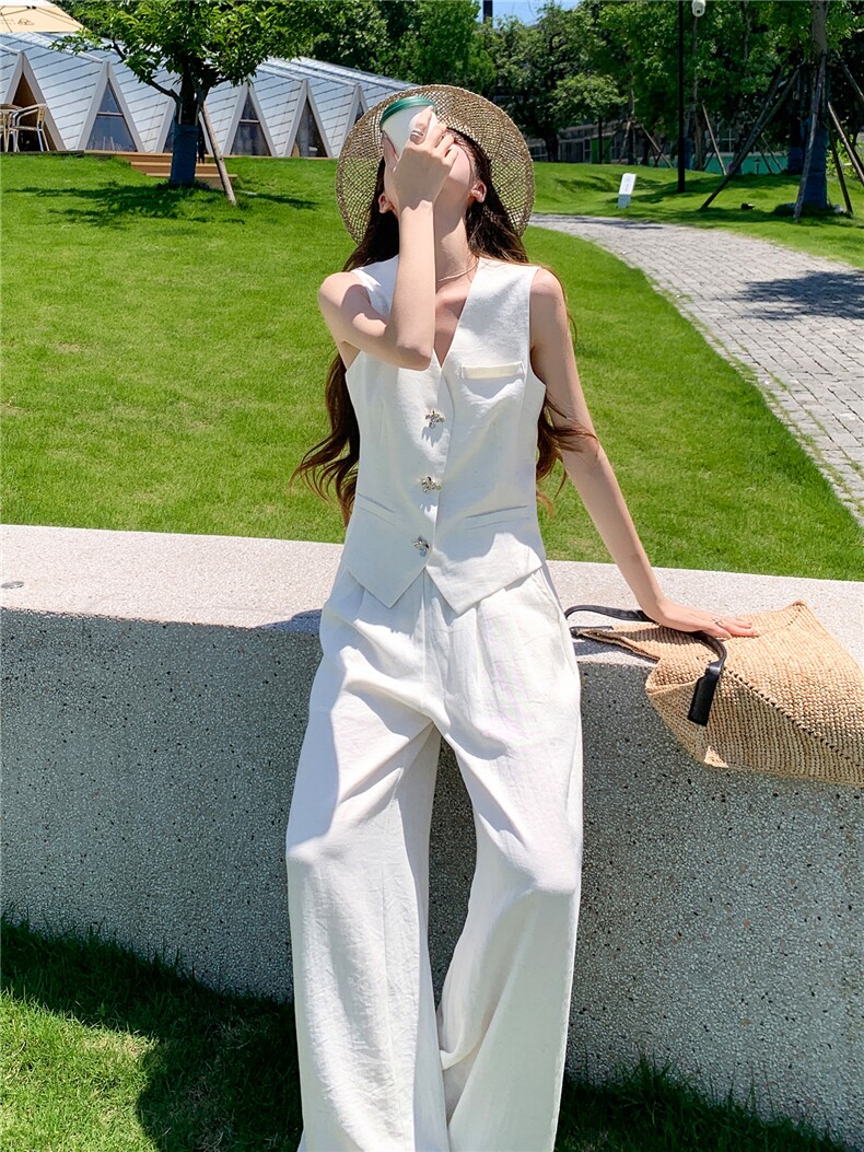 时尚洋所马甲套装女夏季新款职场风V领西装马夹外套阔腿裤两件套,女装套装/套裙,水衣源