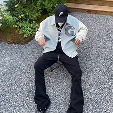 美式毛呢拼接棒球服外套男女春秋休闲宽松复古刺绣潮牌夹克上衣，男装夹克，星座1210-1