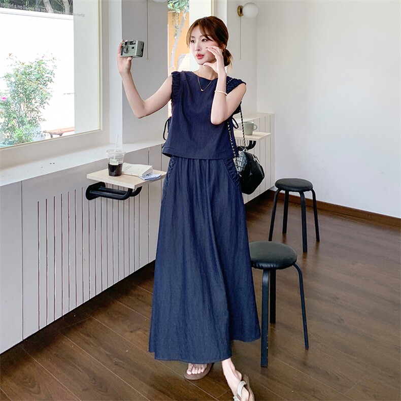 藏青色松弛感一整套穿搭女2025夏季新款休闲圆领背心半身裙两件套,女装套装/套裙,秋水欣儿