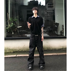 得物抖音高品质二开夏季美式潮牌假两件条纹衬衫翻领高街短袖T恤，男装T恤，电商A486