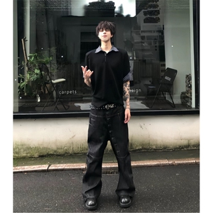 得物抖音高品质二开 夏季美式潮牌假两件条纹衬衫翻领高街短袖T恤图片