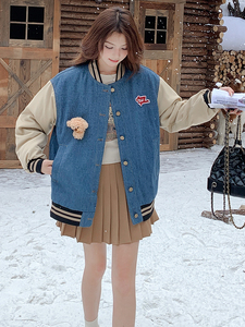雪景 牛仔加棉棒球服外套（玩偶可拆卸）显瘦百搭时尚图片