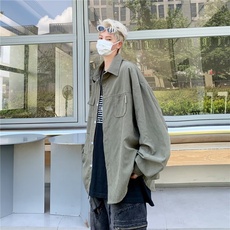 2024春秋日系复古宽松工装衬衫男女生麂皮绒休闲外套J13/P40图片