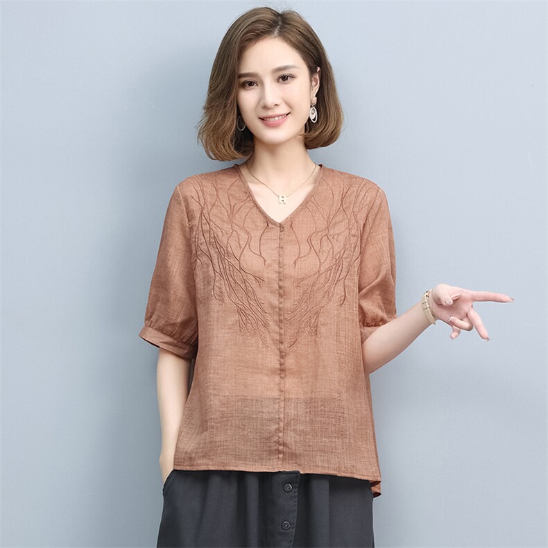 2024夏季新款简约时尚优雅气质V领绣花休闲舒适上衣,女装T恤,丽影随形