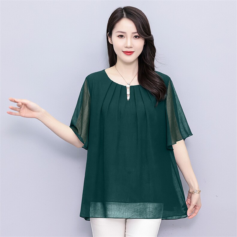 （现货）加肥加大宽松雪纺衫女2025夏季遮肚显瘦上衣胖MM洋气小衫,女装蕾丝衫/雪纺衫,深妍伊美