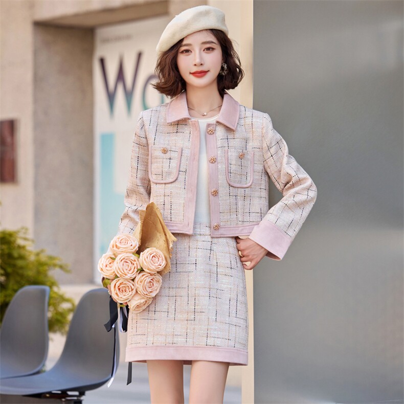 粉色小香风套装裙女2025春秋新款高级感小个子减龄半身裙两件套潮,女装套装/套裙,雅静靓衣