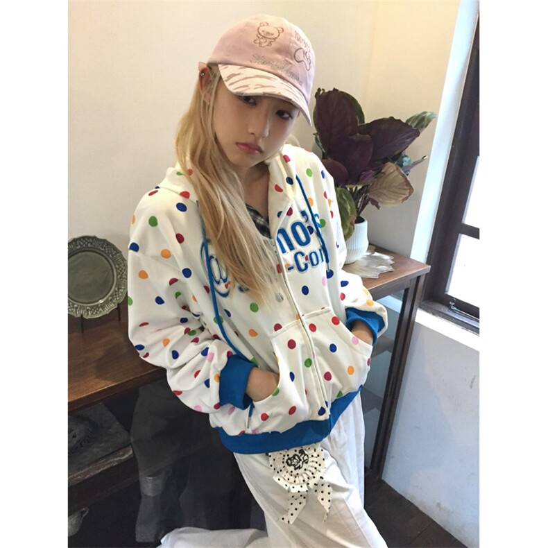 网图有货美式复古彩色波点开衫华棉外套男女宽松卫衣A830-P48，女装短外套，星座1505