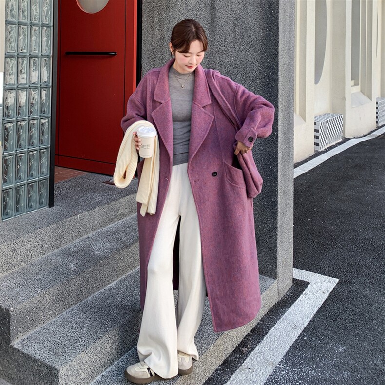 减龄紫色双面呢羊毛西装外套女秋冬2025新款长款巨好看多巴胺大衣,女装毛呢外套,2C095