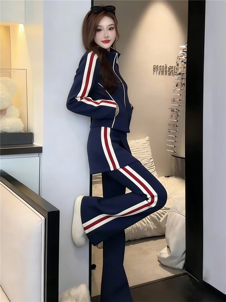 时尚休闲减龄套装女春款条纹拼接立领开衫上衣屁帘微喇长裤三件套,女装套装/套裙,江南