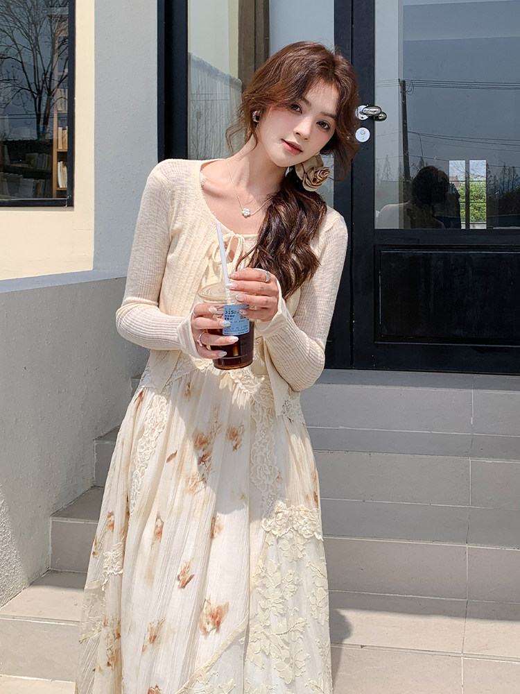 法式浪漫蕾丝拼接吊带连衣裙套装女2025秋新款长袖开衫气质两件套,女装套装/套裙,浙宝220