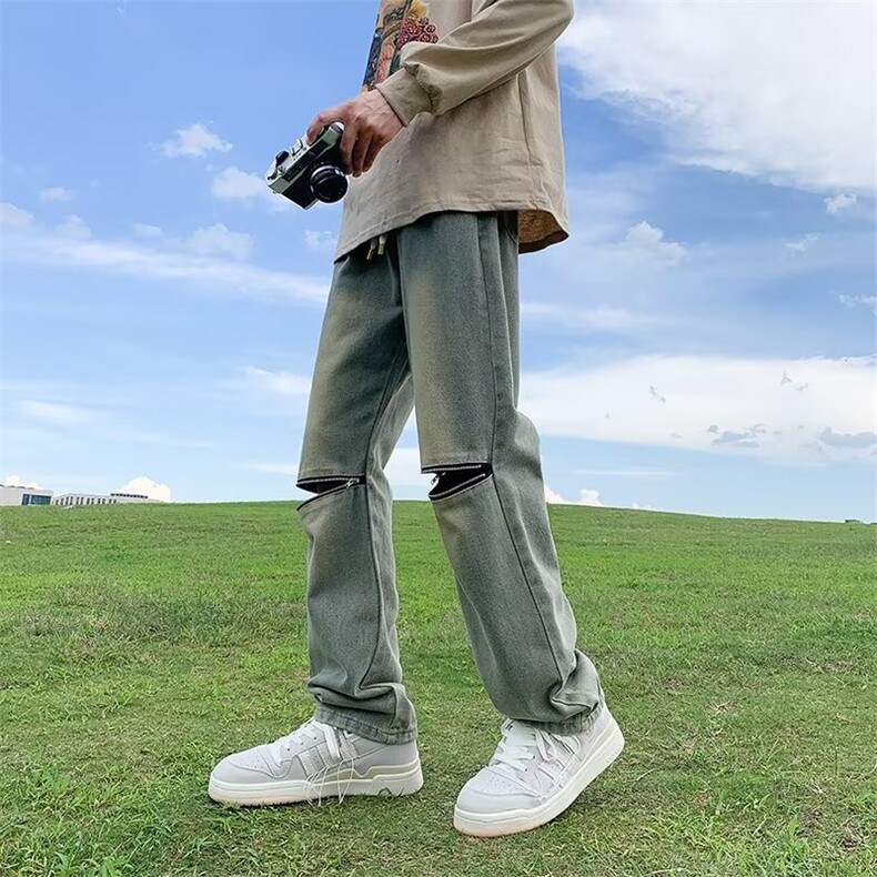 秋季美式高街复古做旧膝盖拉链牛仔裤男女炸街直筒长裤N0880-P43,男装牛仔裤,星座308B-2