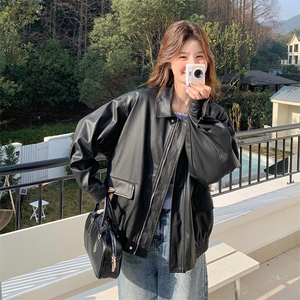 黑色美式复古PU皮衣外套女春秋2025新款爆款小个子高级感机车夹克图片