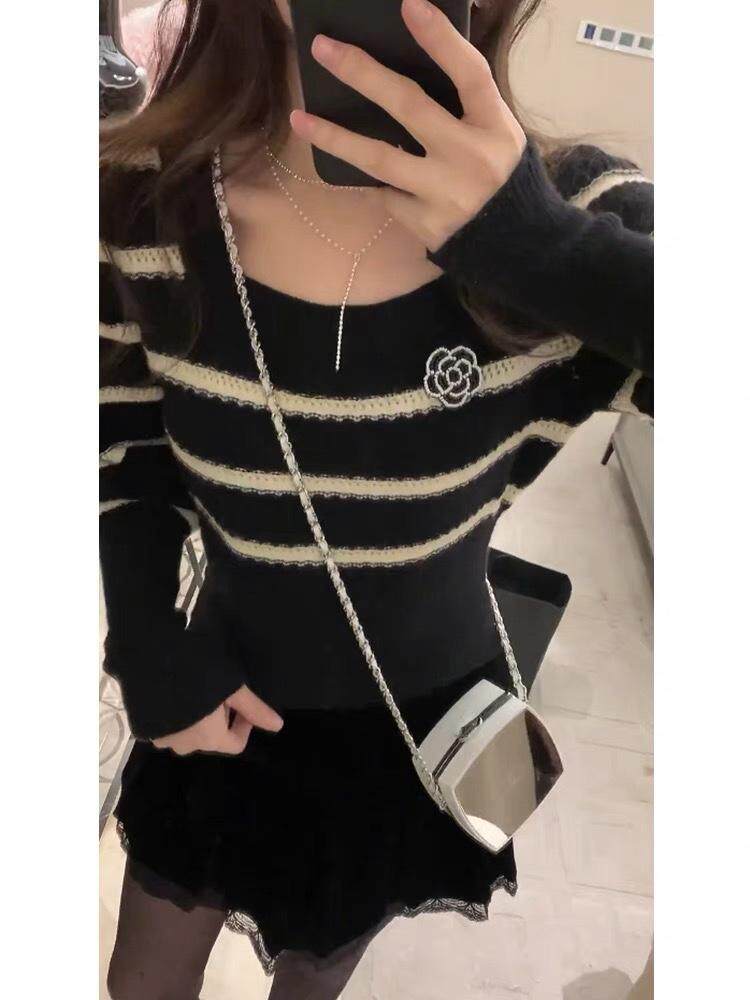 现货春季新款条纹方领毛衣，女装针织衫/毛衣，CHERRY·印