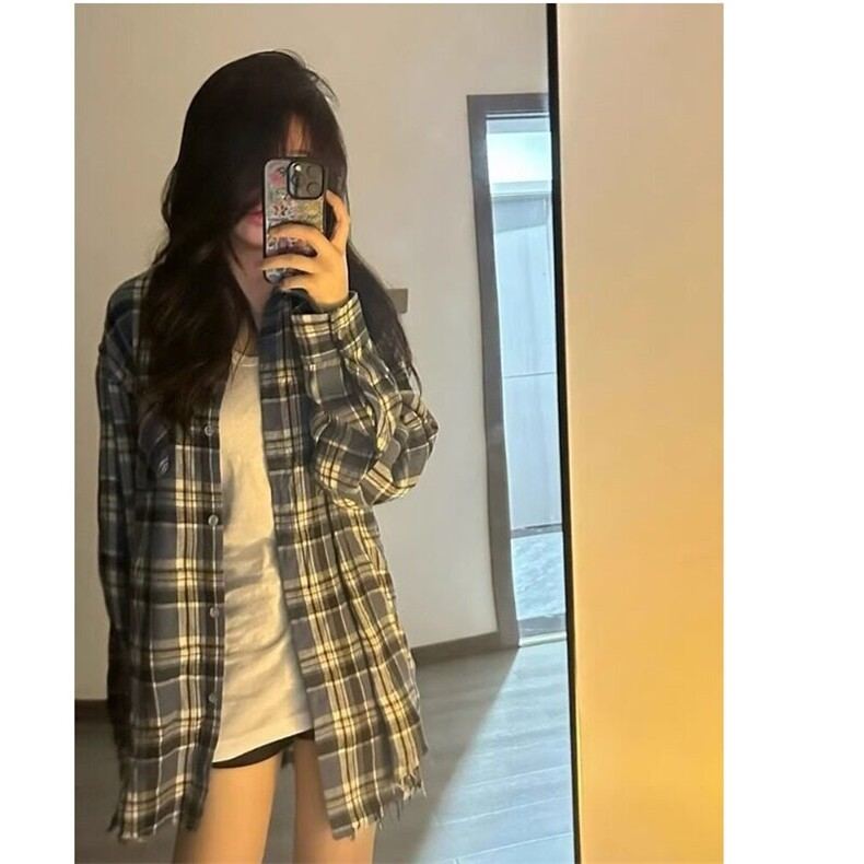 春秋季蓝色毛边长袖格纹宽松衬衫男女美式复古上衣休闲百搭外套潮,男装衬衫,星座506A
