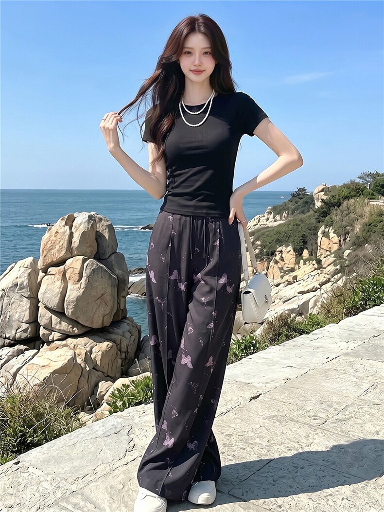 女夏季高级感休闲运动套装圆领收腰短袖阔腿蝴蝶印花长裤两件套潮,女装套装/套裙,江南