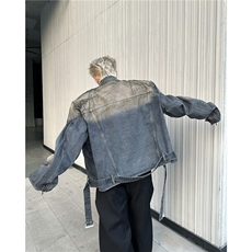 男高街美式夹克短款盔甲风设计感收腰腰带垫肩牛仔外套W6257-P88，男装工装外套，星座412-3