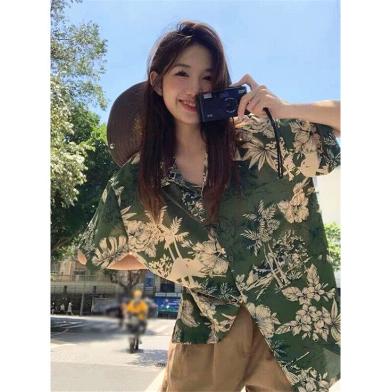 海边度假风绿色碎花短袖衬衫女夏季港味polo领衬衣外套 C006图片