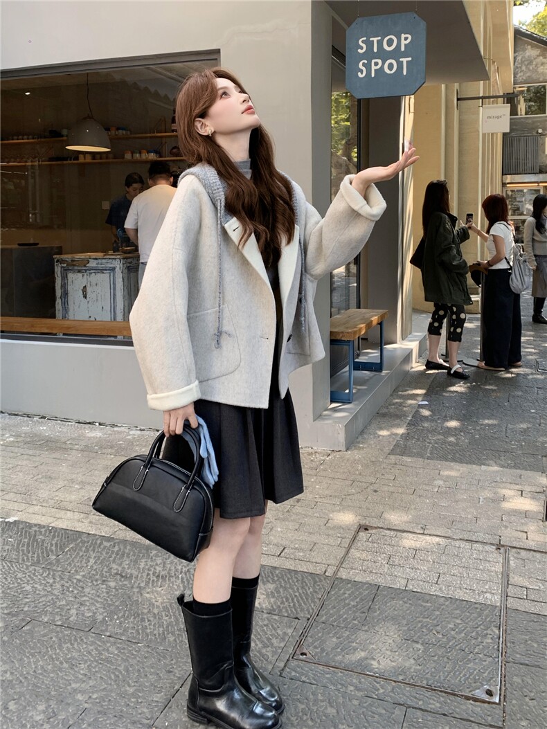 现货新款秋冬新款针织连帽拼接长袖羊绒外套女短款双面羊绒大衣潮,女装双面呢大衣,网红馆