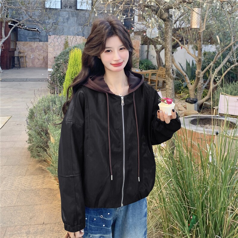 已出货春装新款~连帽皮衣外套女1楼南36-39吾爱衣-A06-P165-K298,女装皮衣,1C083