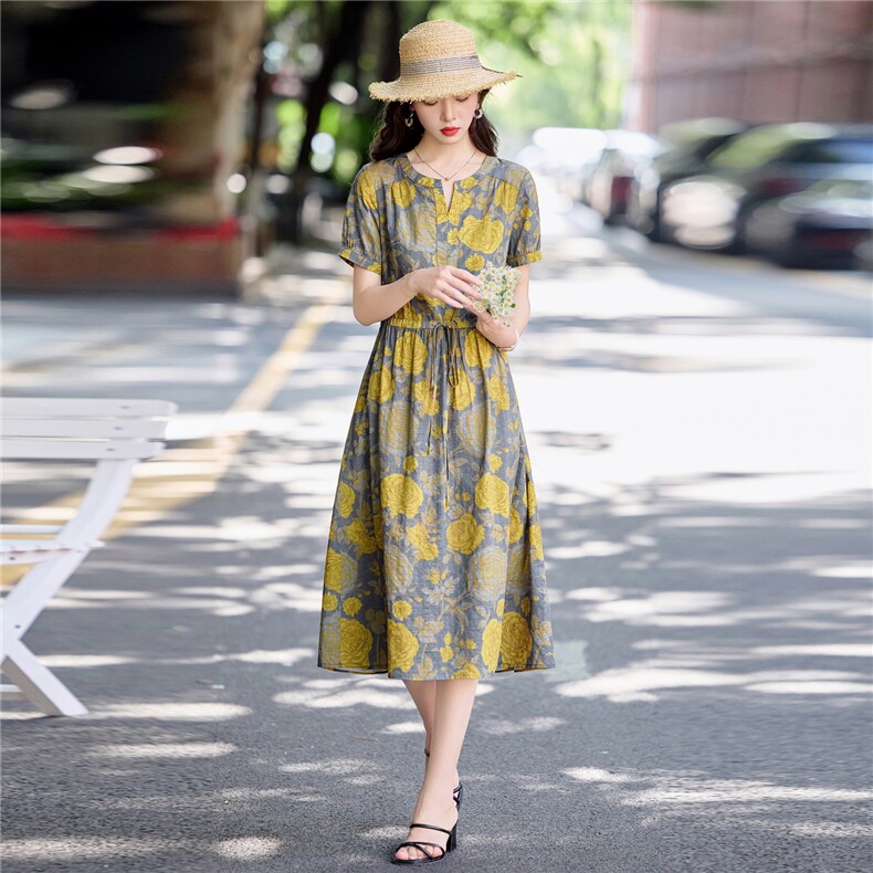 气质玫瑰印花棉麻连衣裙女2026夏季新款洋气减龄休闲收腰显瘦裙子,女装连衣裙,倪叶myz