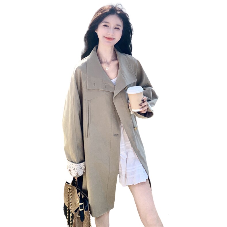 卡其色韩系蕾丝袖口拼接风衣外套女2026秋设计感气质休闲翻领大衣,女装风衣,2C159