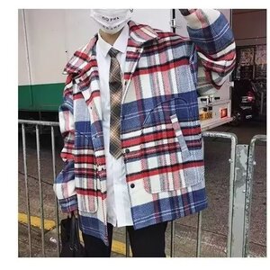 1506-1/D4011/P56男款慵懒风韩版潮流百搭宽松格子毛呢夹克上衣图片