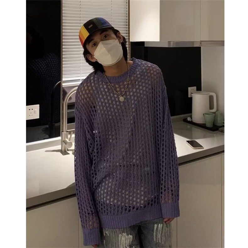 760-P35春秋季镂空针织衫男ins港味宽松情侣圆领毛衣韩版潮流,男装T恤,电商B323A