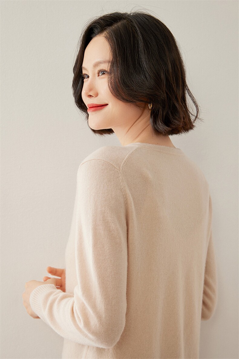 经典简约百搭圆领山羊绒开衫女纯色羊毛针织外套短款宽松外搭毛衣,女装羊绒衫,德尔信羊绒