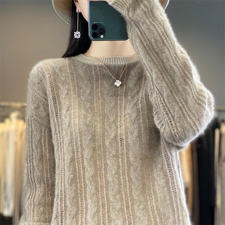 秋冬新款羊毛衫女圆领镂空长袖套头毛衣宽松针织打底衫，女装羊毛衫，蒙莲贝斯