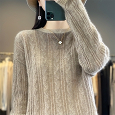 秋冬新款羊毛衫女圆领镂空长袖套头毛衣宽松针织打底衫，女装羊毛衫，蒙莲贝斯