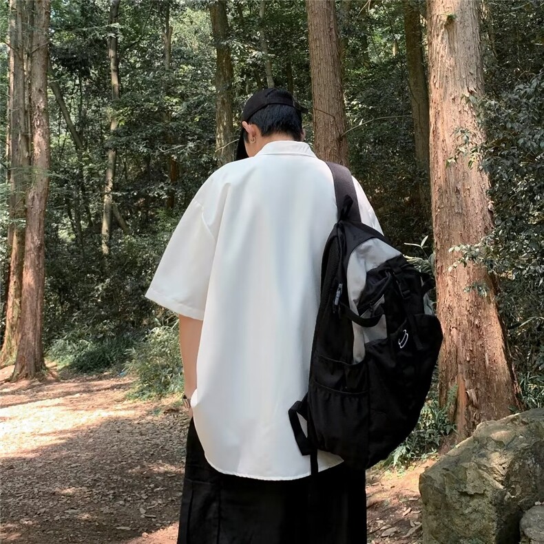 日系夏季纯色短袖衬衫男女宽松oversize五分工装休闲衬衣P34,男装衬衫,星座1116-2
