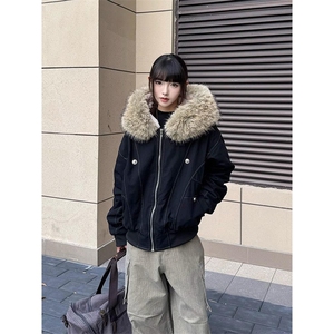 现货重磅boxy短款棉衣座山雕大毛毛领男女棉服水洗工装厚外套图片