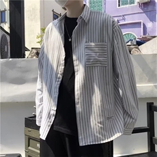 条纹长袖衬衫男港风日系休闲百搭男士衬衣薄款秋季痞帅寸衫外套潮，男装衬衫，星座516A
