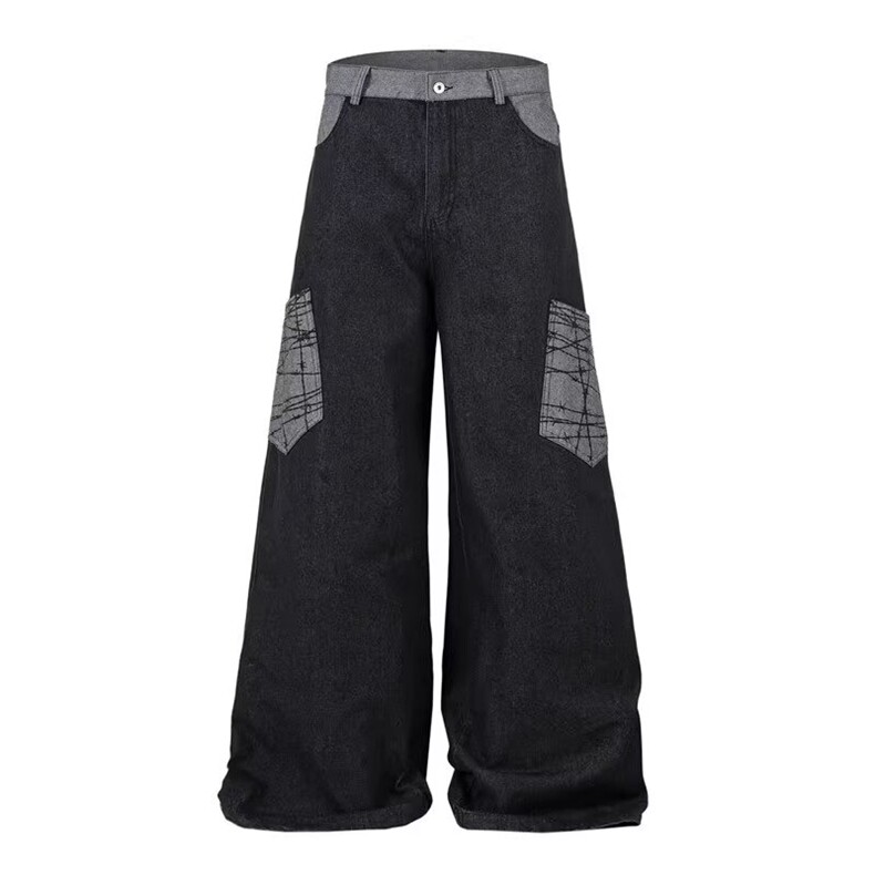 复古格纹大口袋弯刀拼接牛仔裤男女休闲美式直筒宽松休闲阔腿长裤，男装牛仔裤，星座302B-2