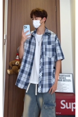 美式复古格子短袖衬衫男夏季潮牌痞帅少年感cleanfit格纹衬衣外套，男装衬衫，电商A007