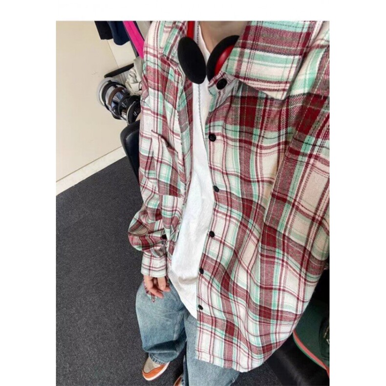 复古格子长袖衬衫男女外套新款宽松休闲百搭翻领衬衣L30433-p38,男装衬衫,星座1008