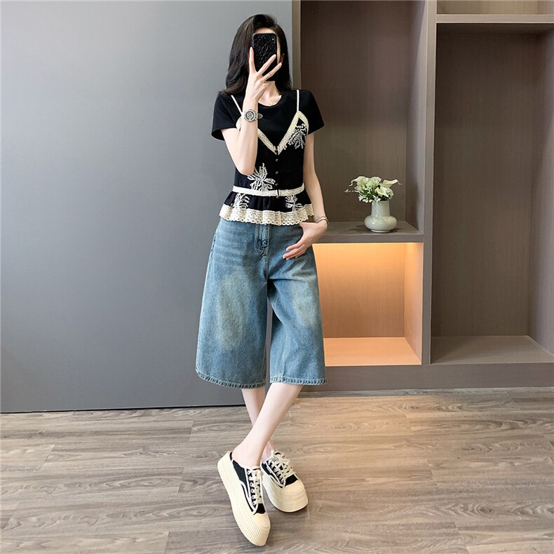 高级感时尚减龄套装女夏设计感蕾丝拼接假两件上衣牛仔中裤两件套,女装套装/套裙,江南