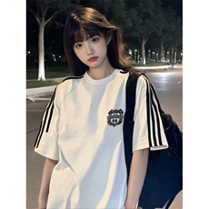 抖音得物高品质二开240克宽松纯棉美式潮牌三条杠织带短袖T恤，男装T恤，电商A486-1